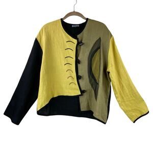 100% Linen Asymmetric Blouse Size M Green Black Art To Wear